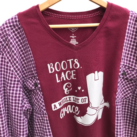 Upcycled Tee, Flannel Sleeves, Size M-L: Reworked Cowgirl Boot Graphic Shirt - Picture 3 of 10